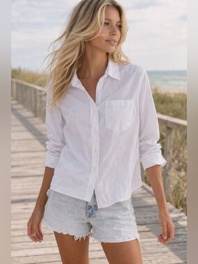 Liverpool White Cotton Button Down Top Medium Elastic Back Waist Pocket Blouse